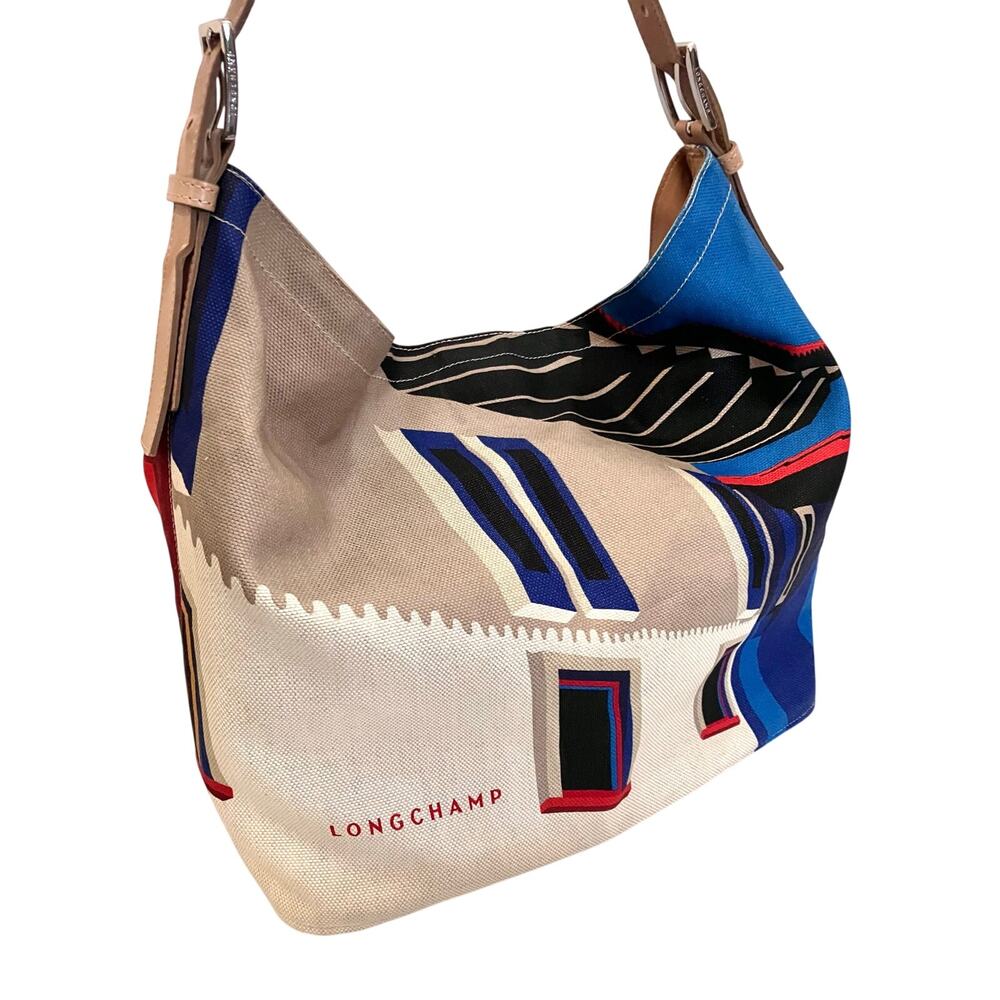Longchamp France Canvas Shoulder Bag Finca Luisa Geometric Graphic Textile Tote - Picture 2 of 12